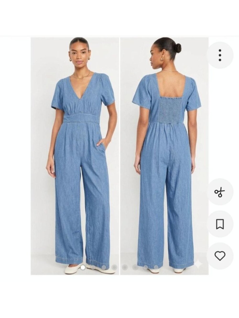 Old Navy Denim Jumpsuit Size XL Smocked 100% Cotton Blue Waist Defined Puff Slee